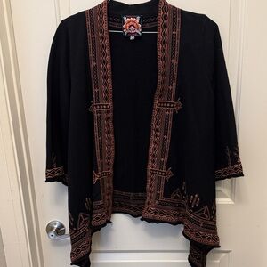 Johnny Was Black Cardigan with Rust Embroidery